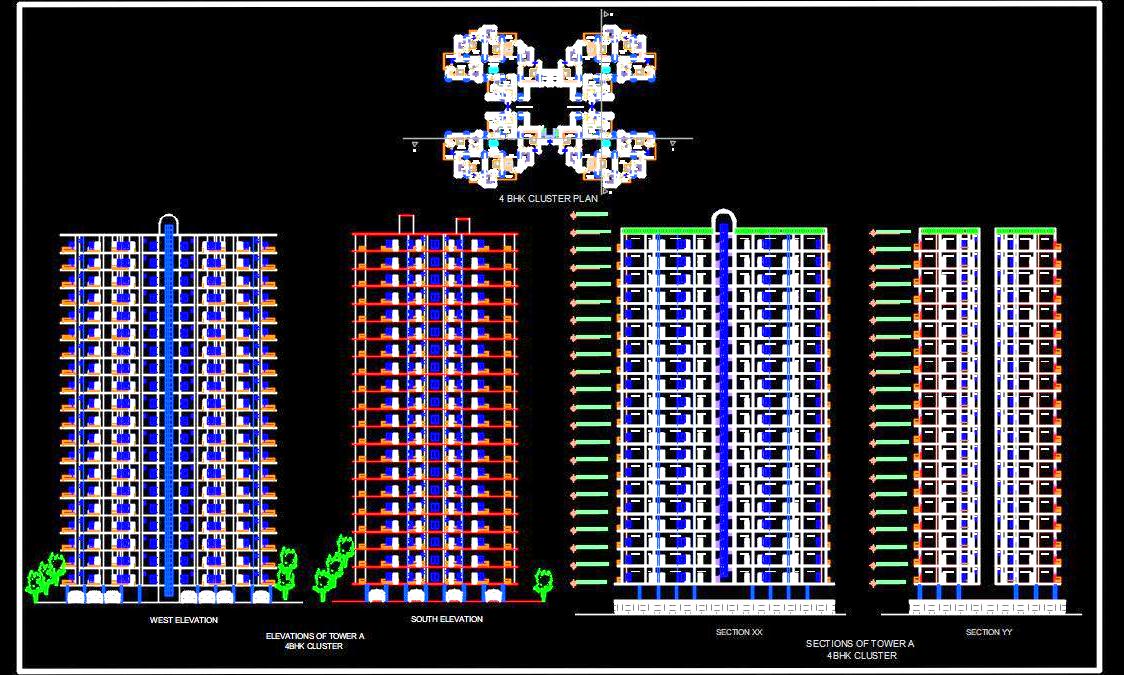 Group Housing Tower - Autocad Architecture Layout - 4 BHK Plans